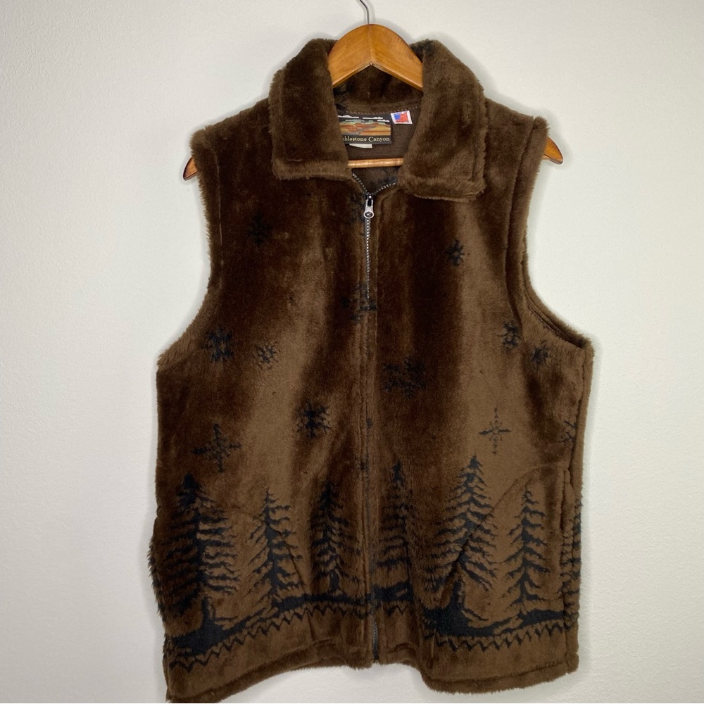 Vintage Cobblestone Canyon Brown Faux Fur Snowy Forest Womens Zip Up Vest Sz XL